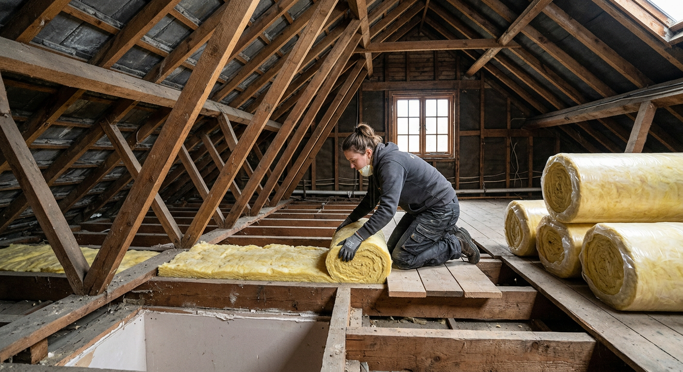 Rolls of yellow mineral wool loft insulation being laid between joists
