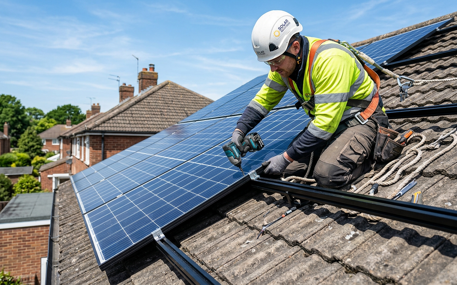 Solar panels being installed on the roof of a UK semi-detached house